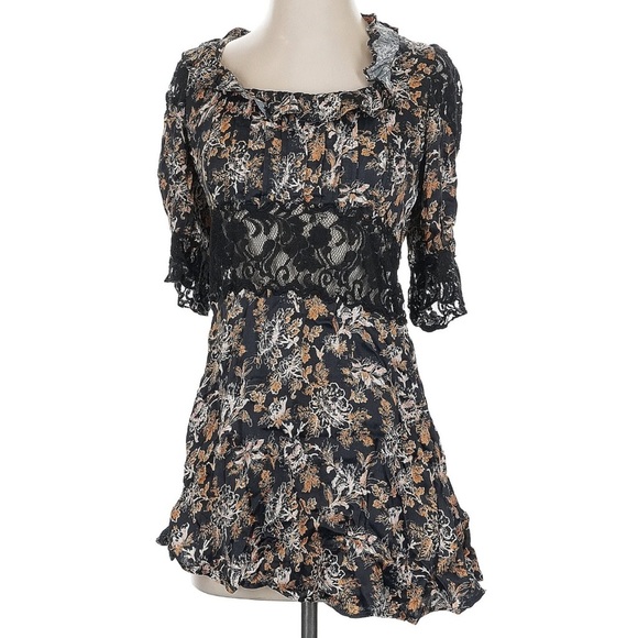 Free People Lucie Mini Boho Black Combo Short Dress NEW 2 Floral Fairy - Picture 2 of 12